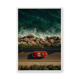 Red Convertible Coastal Wall Art – Rocky Shoreline Ocean Road Print