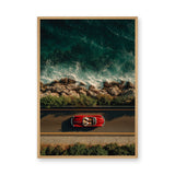 Red Convertible Coastal Wall Art – Rocky Shoreline Ocean Road Print