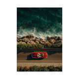 Red Convertible Coastal Wall Art – Rocky Shoreline Ocean Road Print