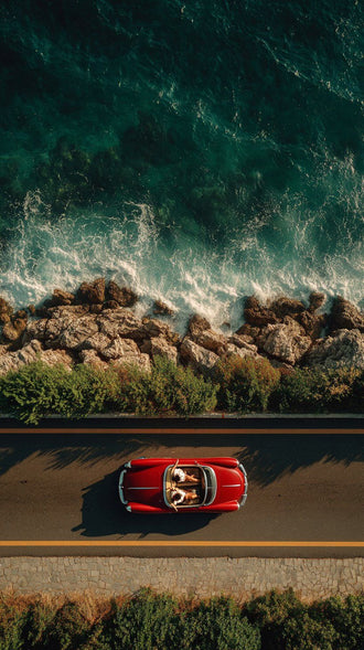 Red Convertible Coastal Wall Art – Rocky Shoreline Ocean Road Print