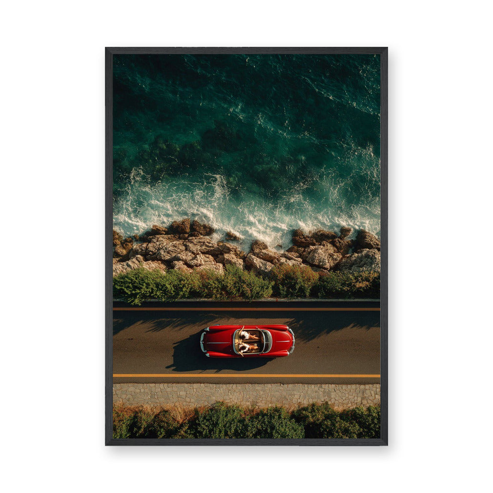 Red Convertible Coastal Wall Art – Rocky Shoreline Ocean Road Print