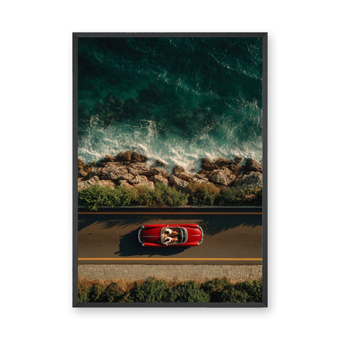 Red Convertible Coastal Wall Art – Rocky Shoreline Ocean Road Print