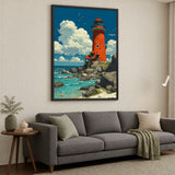 Red Lighthouse Coastal Wall Art – Rocky Seaside Cliff with Seagulls