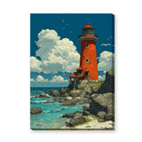 Red Lighthouse Coastal Wall Art – Rocky Seaside Cliff with Seagulls