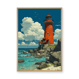 Red Lighthouse Coastal Wall Art – Rocky Seaside Cliff with Seagulls