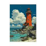 Red Lighthouse Coastal Wall Art – Rocky Seaside Cliff with Seagulls