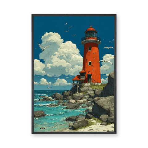 Red Lighthouse Coastal Wall Art – Rocky Seaside Cliff with Seagulls
