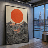Red Sun Mountain Line Art Wall Art – Japandi Landscape Print