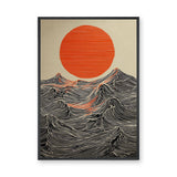 Red Sun Mountain Line Art Wall Art – Japandi Landscape Print