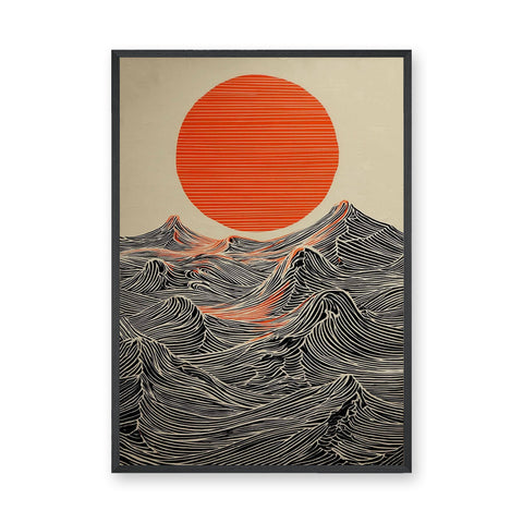 Red Sun Mountain Line Art Wall Art – Japandi Landscape Print