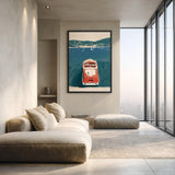 Red Vintage Boat Coastal Wall Art – Teal Harbor Scene
