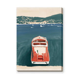 Red Vintage Boat Coastal Wall Art – Teal Harbor Scene
