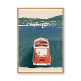Red Vintage Boat Coastal Wall Art – Teal Harbor Scene