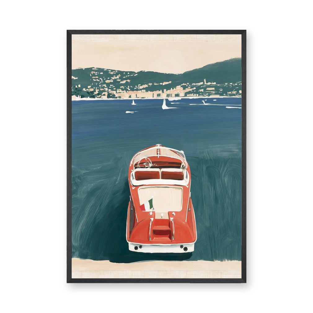Red Vintage Boat Coastal Wall Art – Teal Harbor Scene