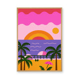Retro Beach Sunset Coastal Pop-Art Wall Art – Palm Trees and Ocean Pier