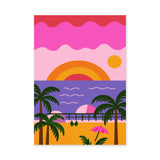 Retro Beach Sunset Coastal Pop-Art Wall Art – Palm Trees and Ocean Pier
