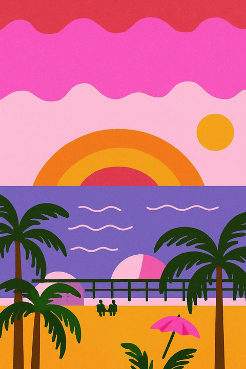 Retro Beach Sunset Coastal Pop-Art Wall Art – Palm Trees and Ocean Pier