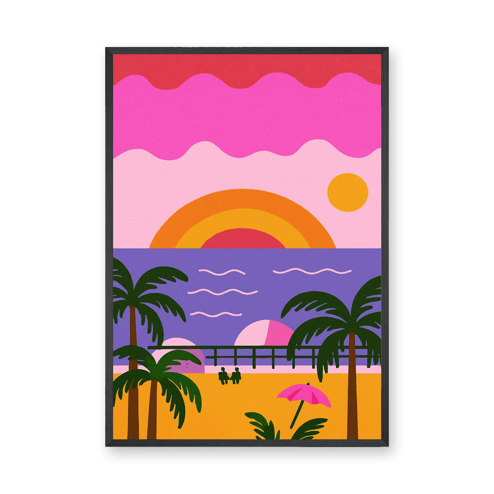 Retro Beach Sunset Coastal Pop-Art Wall Art – Palm Trees and Ocean Pier