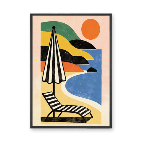 Retro Beach Umbrella Coastal Wall Art – Ocean Lounge Chair Sunset