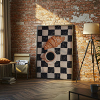 Retro Checkered Coffee and Croissant Wall Décor Poster | Funky Food & Drink Art | Retro Cafe Kitchen Print