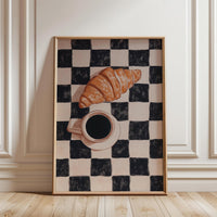 Retro Checkered Coffee and Croissant Wall Décor Poster | Funky Food & Drink Art | Retro Cafe Kitchen Print