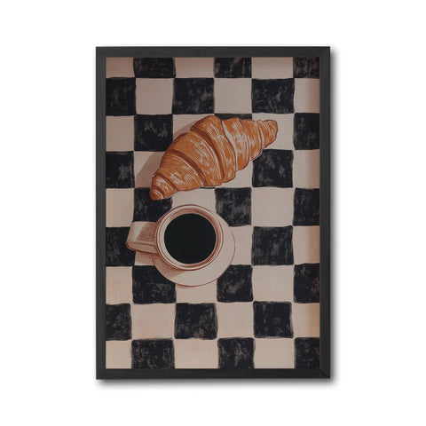 Retro Checkered Coffee and Croissant Wall Décor Poster | Funky Food & Drink Art | Retro Cafe Kitchen Print