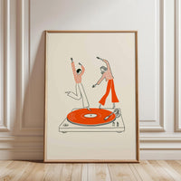 Retro Dancing Couple Illustration, Contemporary Music Inspired Fine Print, Retro Record Player Wall Print for Home Bar or Living Room