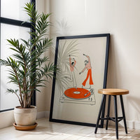 Retro Dancing Couple Illustration, Contemporary Music Inspired Fine Print, Retro Record Player Wall Print for Home Bar or Living Room