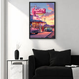 Retro Diner Vintage Wall Art – Pastel Neon Roadside Scene