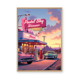 Retro Diner Vintage Wall Art – Pastel Neon Roadside Scene