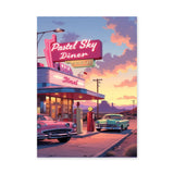 Retro Diner Vintage Wall Art – Pastel Neon Roadside Scene