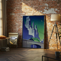 Retro Green Car Cityscape Print – Retro Urban Wall Décor