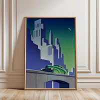 Retro Green Car Cityscape Print – Retro Urban Wall Décor