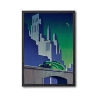 Retro Green Car Cityscape Print – Retro Urban Wall Décor