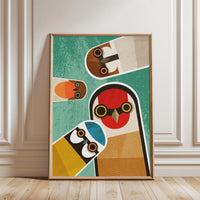 Retro Mid-Century Nosy Garden Birds Illustration Wall Décor Poster – Nostalgic Style Bird Artwork