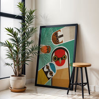 Retro Mid-Century Nosy Garden Birds Illustration Wall Décor Poster – Nostalgic Style Bird Artwork