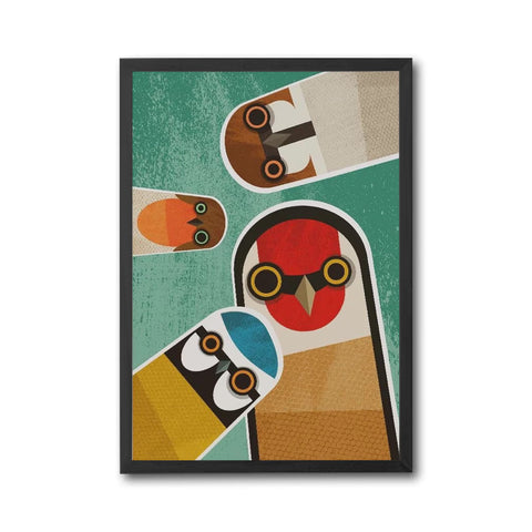 Retro Mid-Century Nosy Garden Birds Illustration Wall Décor Poster – Nostalgic Style Bird Artwork