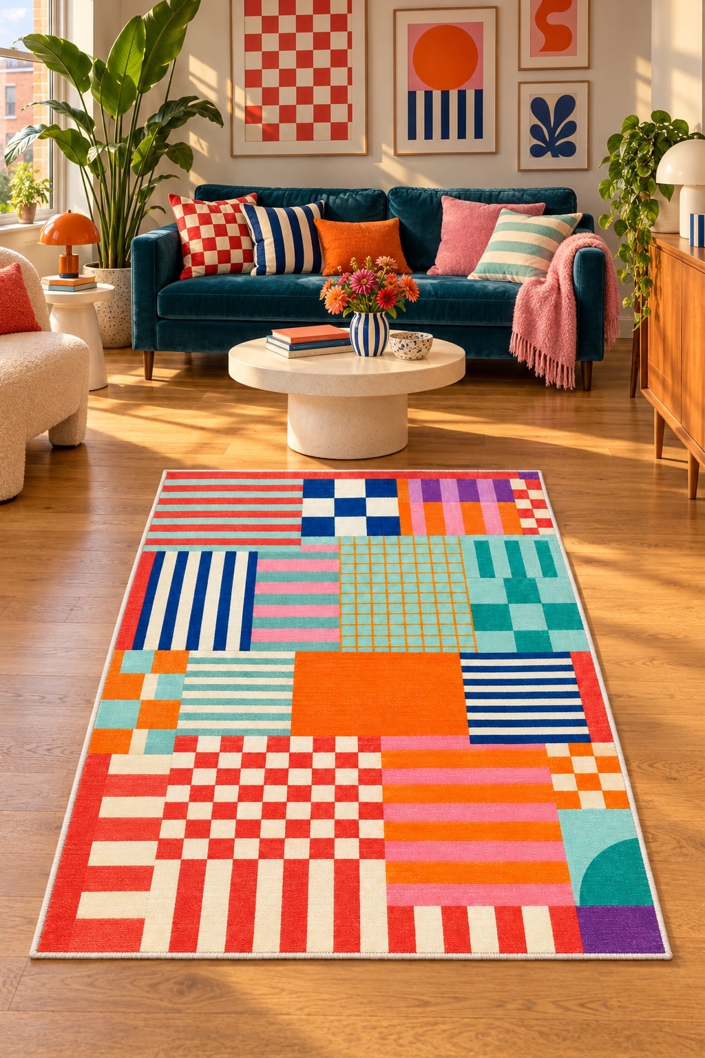 Retro Pattern Modern Area Rug in a living room