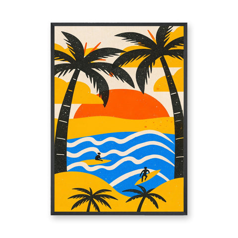 Retro Surf Sunset Pop-Art Wall Art – Tropical Waves and Palms