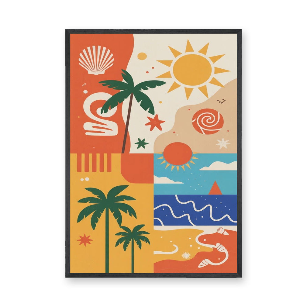 Retro Tropical Beach Wall Art – Colorful Palms, Suns and Waves