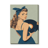 Retro Vinyl Girl Pop-Art Wall Art – Pin-Up Music Portrait in Blue