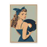 Retro Vinyl Girl Pop-Art Wall Art – Pin-Up Music Portrait in Blue