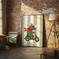 Rhinoceros on Scooter Illustration Décor Poster, Aesthetic Animal Wall Print