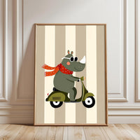 Rhinoceros on Scooter Illustration Décor Poster, Aesthetic Animal Wall Print