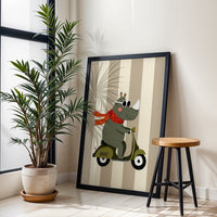 Rhinoceros on Scooter Illustration Décor Poster, Aesthetic Animal Wall Print