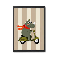 Rhinoceros on Scooter Illustration Décor Poster, Aesthetic Animal Wall Print