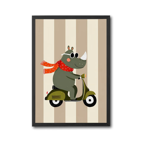 Rhinoceros on Scooter Illustration Décor Poster, Aesthetic Animal Wall Print