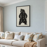 Roaring Bear Vintage Wall Art – Black Ink Illustration on Beige