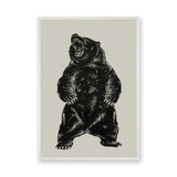 Roaring Bear Vintage Wall Art – Black Ink Illustration on Beige