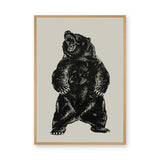 Roaring Bear Vintage Wall Art – Black Ink Illustration on Beige